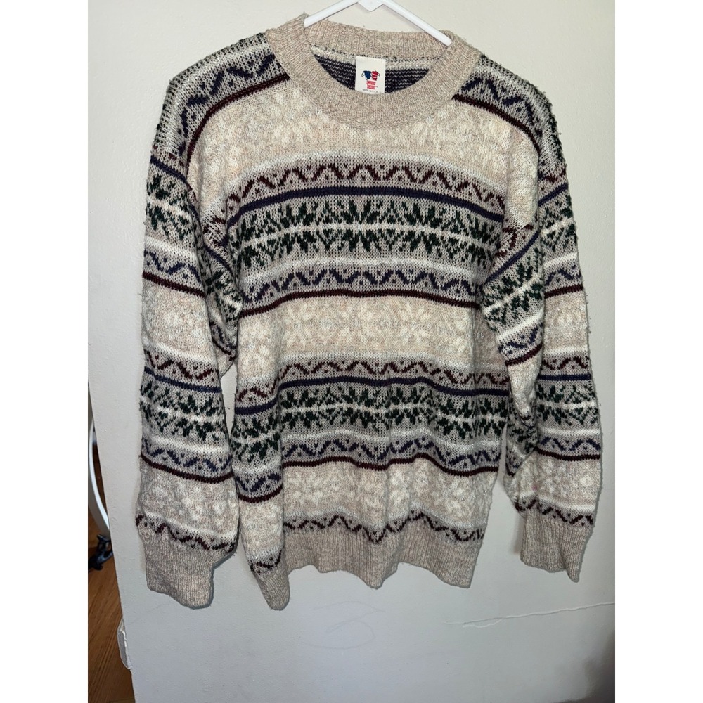 Vintage Sweater Bazaar Fair Isle Sweater Womens‎ Medium Knit Pullover Beige USA